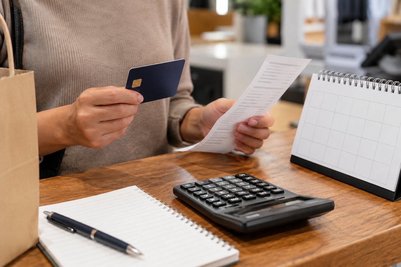 Mãos de uma pessoa adulta segurando um cartão bancário sem marca e um recibo diante de um calendário de mesa sem números e uma calculadora.