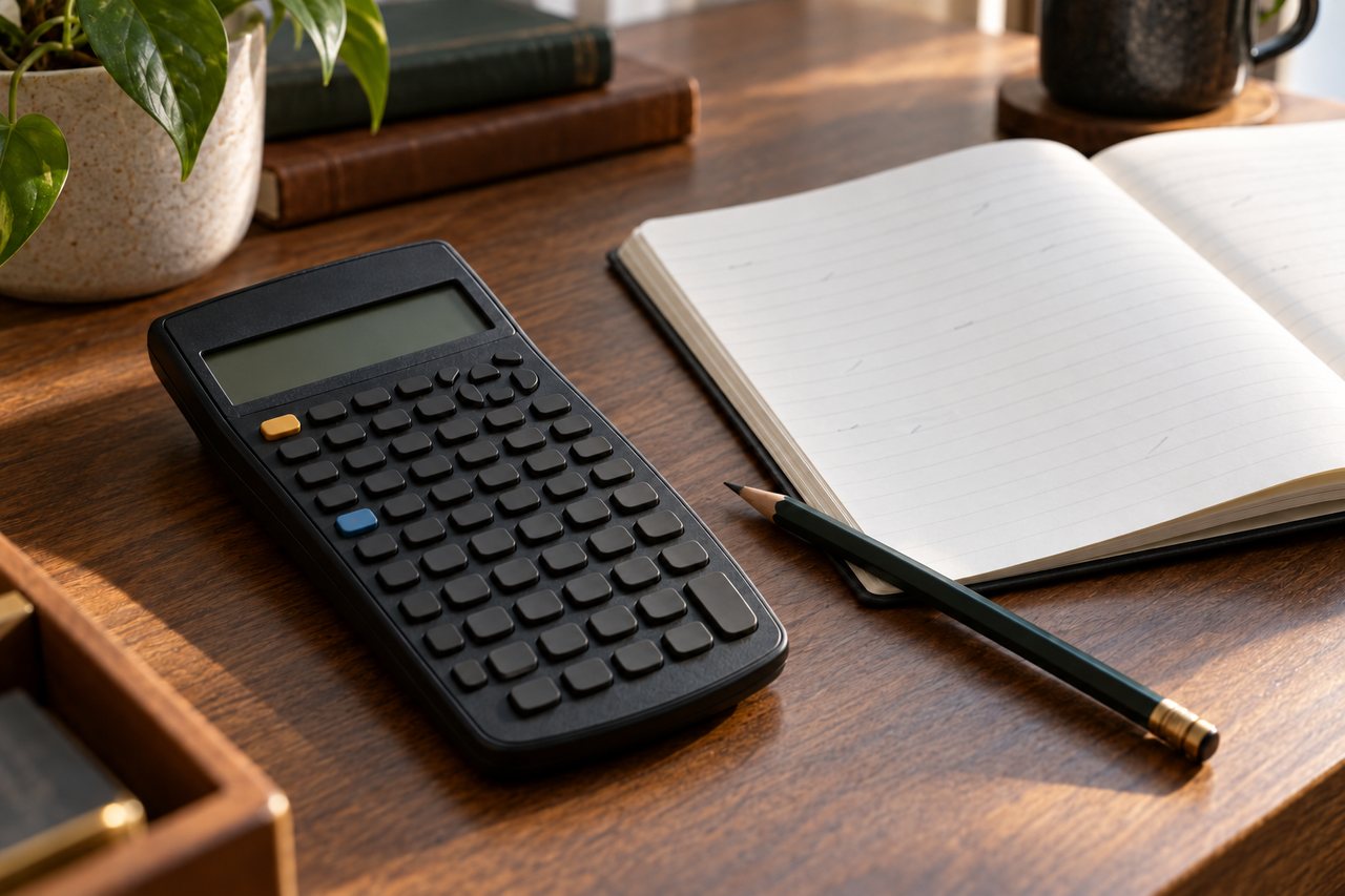 Calculadora de estudos financeiros com muitas teclas e visor apagado, ao lado de um lápis e um caderno aberto em mesa de madeira.