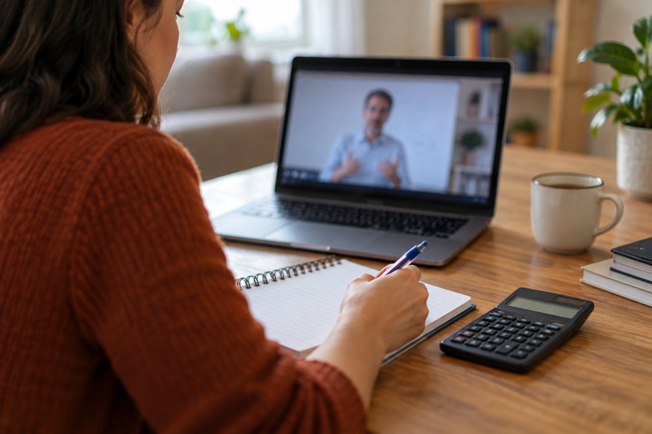 Pessoa adulta estudando no notebook com aula em vídeo desfocada, caderno, caneta e calculadora.