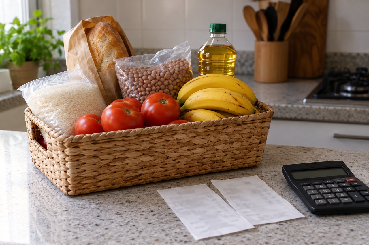Cesta com arroz, grãos, pão, tomates, bananas e óleo sobre bancada de cozinha, ao lado de recibos desfocados e calculadora.