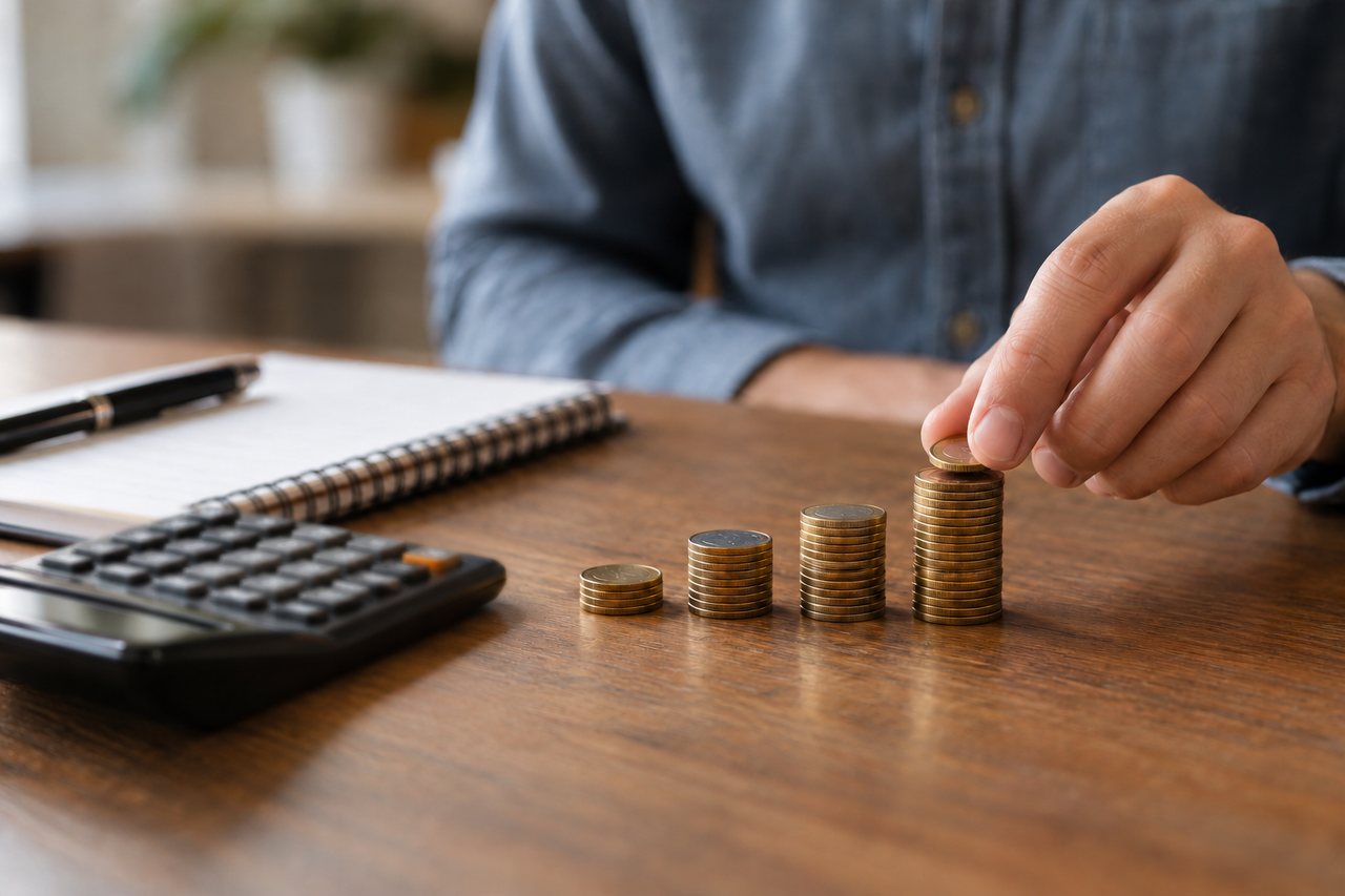 Mão adulta posicionando uma moeda sobre pequenas pilhas de alturas crescentes ao lado de uma calculadora e um caderno.