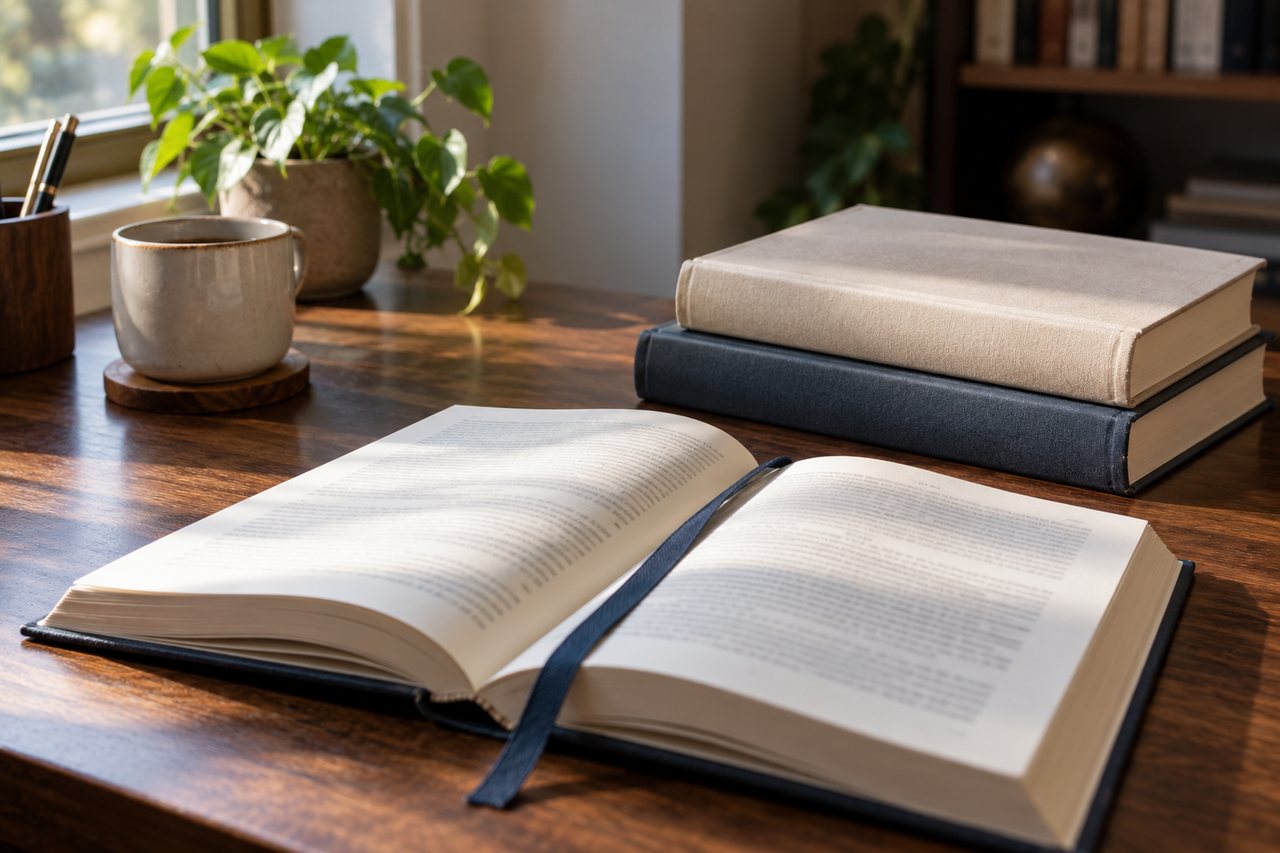 Três livros de capa lisa sobre uma mesa de madeira, um deles aberto com marcador de tecido e páginas sem texto legível.