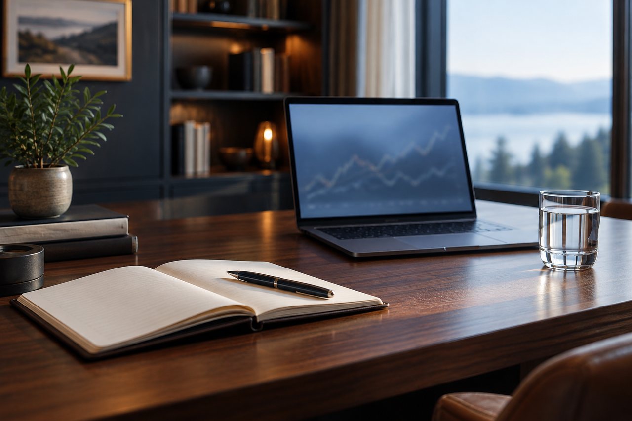 Caderno e computador em uma mesa de planejamento financeiro.