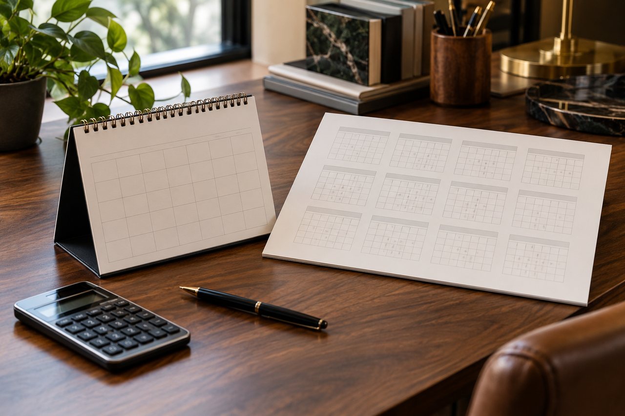 Calendário de mesa com uma grade mensal e folha com doze grades menores, acompanhados de calculadora e caneta.